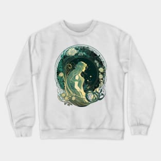 Girl In A Night Sky Green Floral Art Nouveau Alphonse Mucha Circle Graphic Design Crewneck Sweatshirt